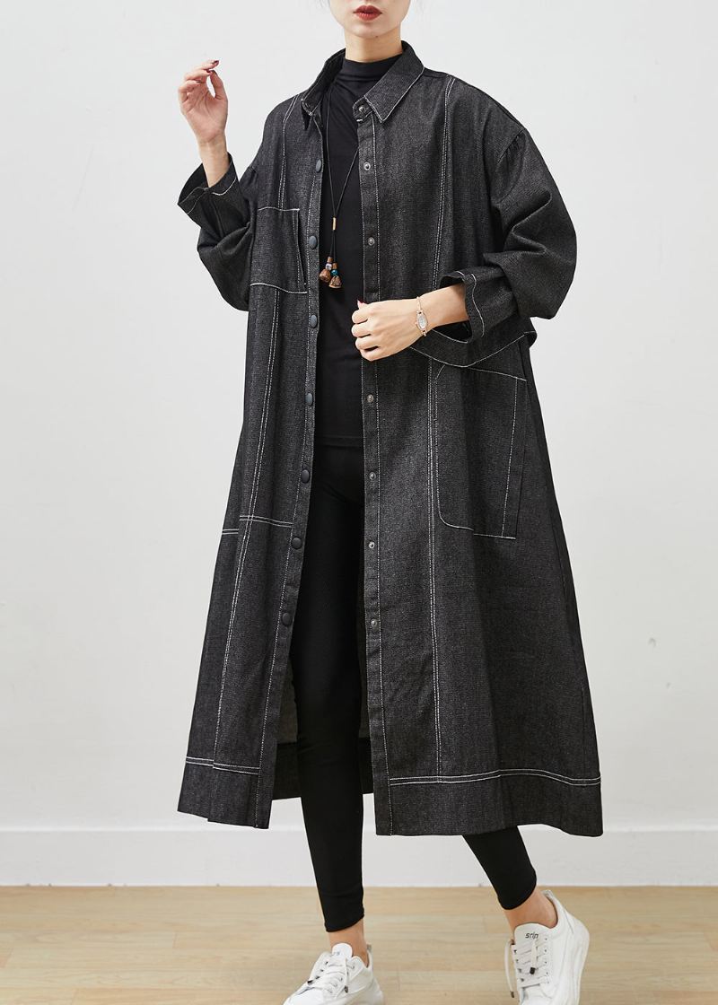 Svart Løs Denim Trench Coat Oversized Pocket Spring - Trenchcoats for kvinner