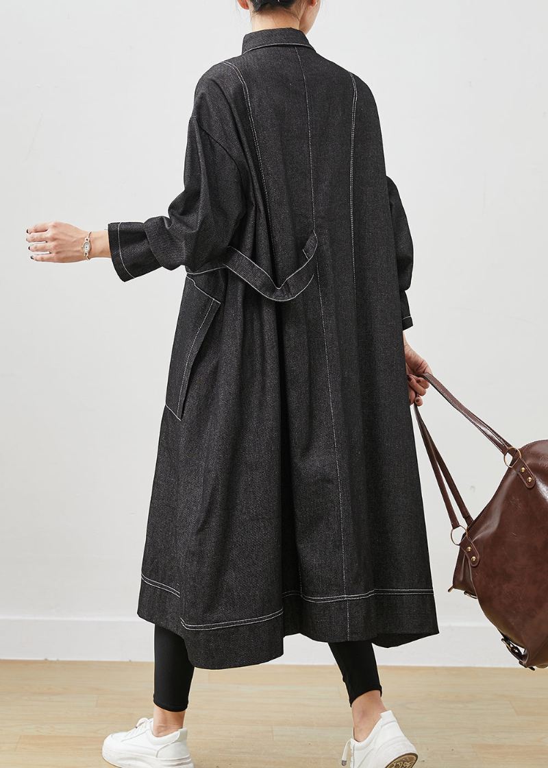 Svart Løs Denim Trench Coat Oversized Pocket Spring - Trenchcoats for kvinner