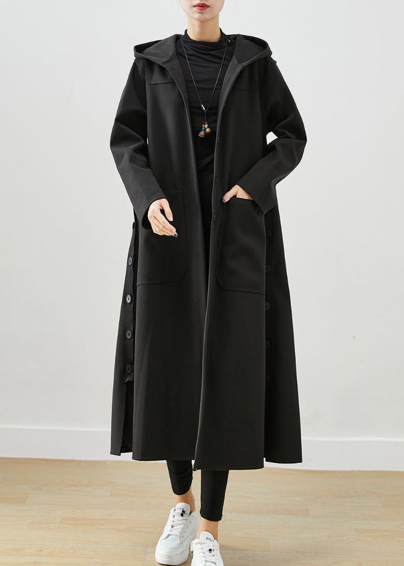 Svart Oversized Cotton Coat Hettelommer Fall - Trenchcoats for kvinner