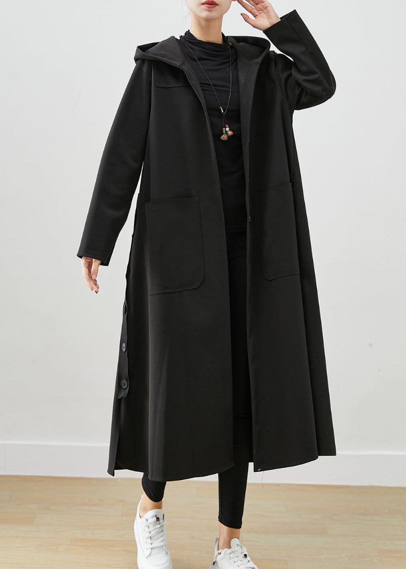 Svart Oversized Cotton Coat Hettelommer Fall - Trenchcoats for kvinner