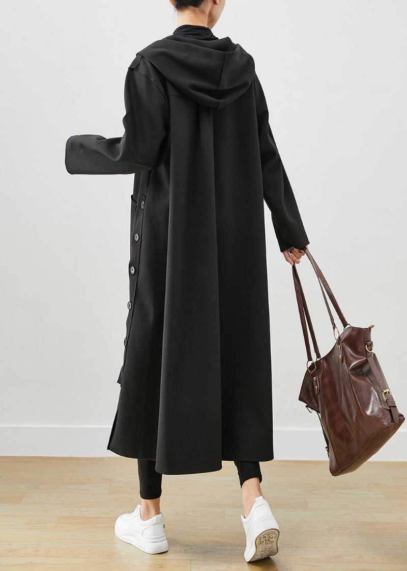 Svart Oversized Cotton Coat Hettelommer Fall - Trenchcoats for kvinner