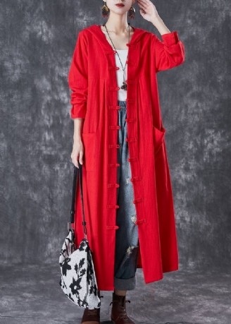 Svart Oversized Cotton Coat Outwear Hette Kinesisk Button Fall