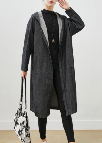 Svart Oversized Denim Trench Coats Hettelommer Fall