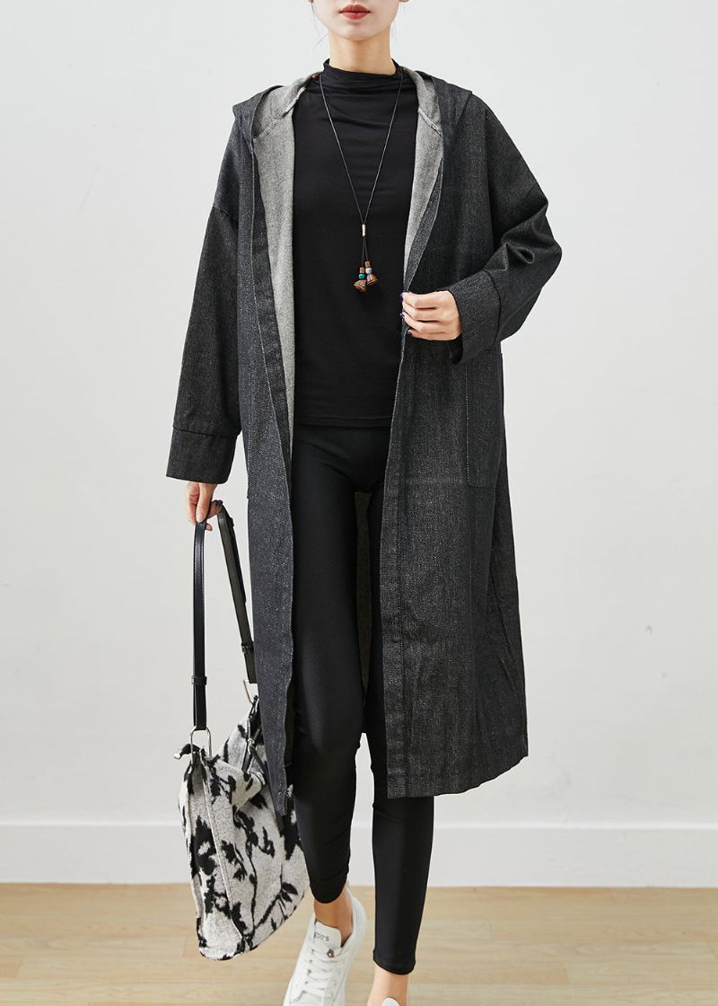 Svart Oversized Denim Trench Coats Hettelommer Fall - Trenchcoats for kvinner