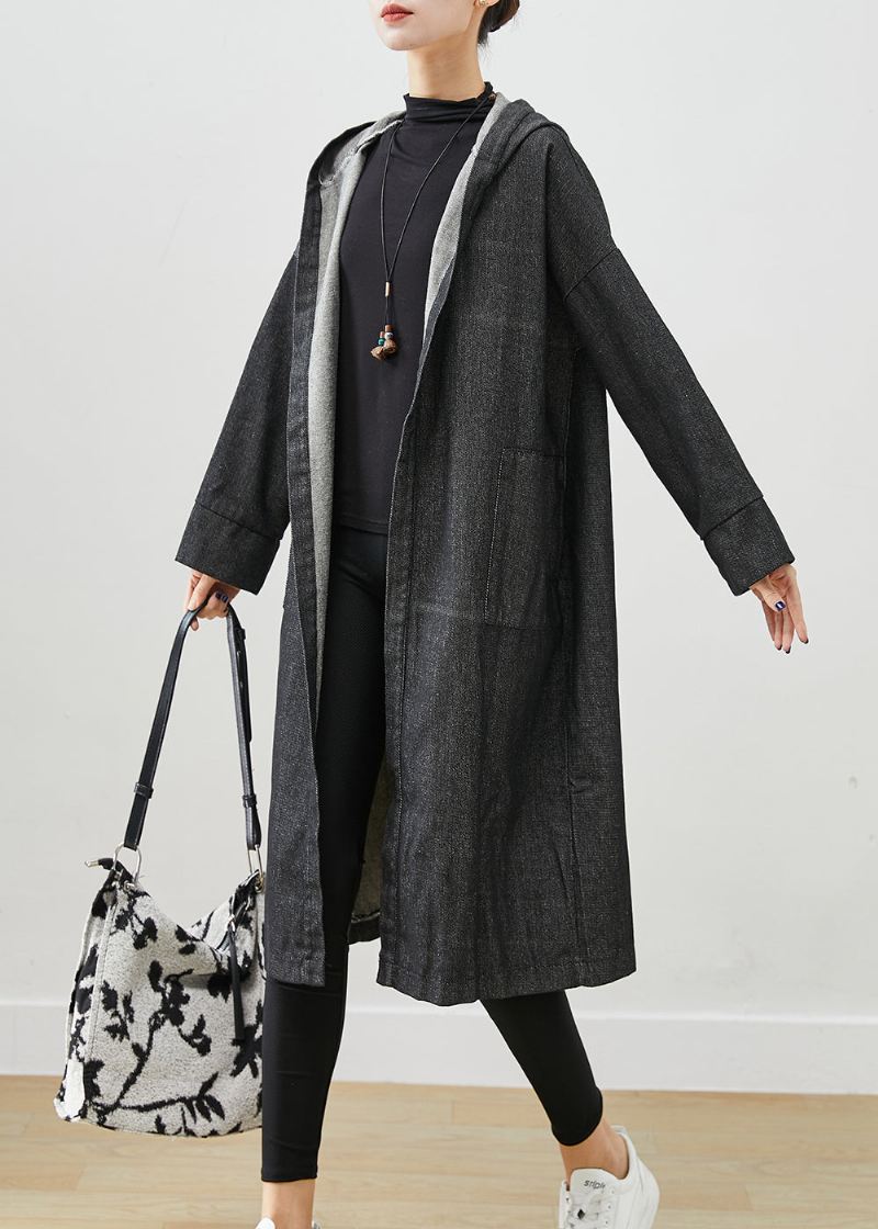 Svart Oversized Denim Trench Coats Hettelommer Fall - Trenchcoats for kvinner