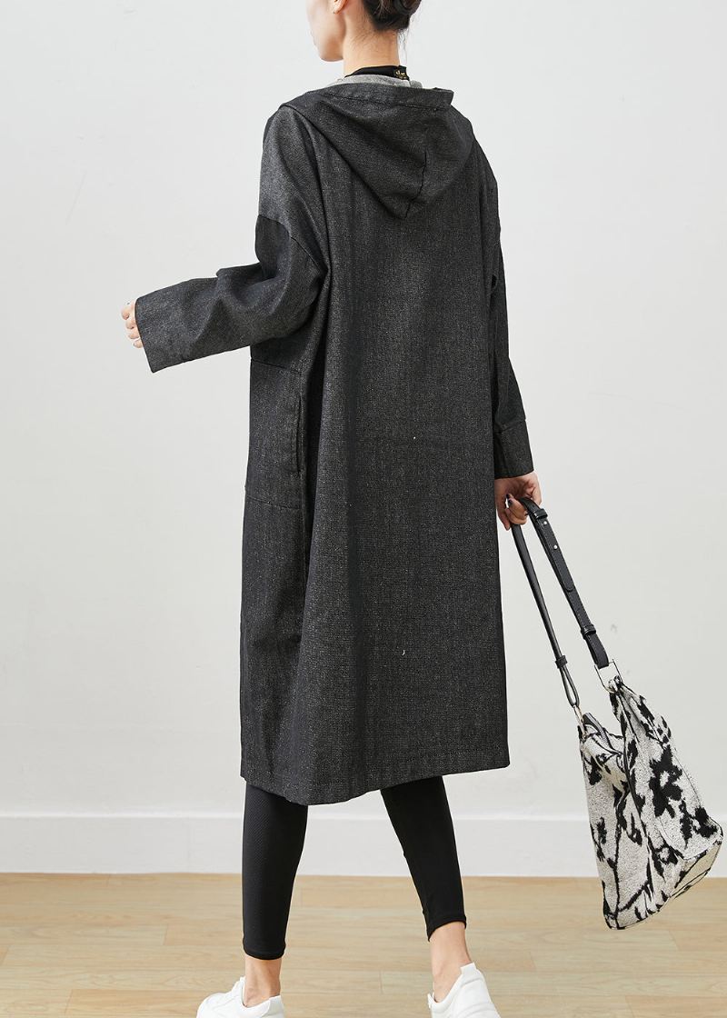 Svart Oversized Denim Trench Coats Hettelommer Fall - Trenchcoats for kvinner