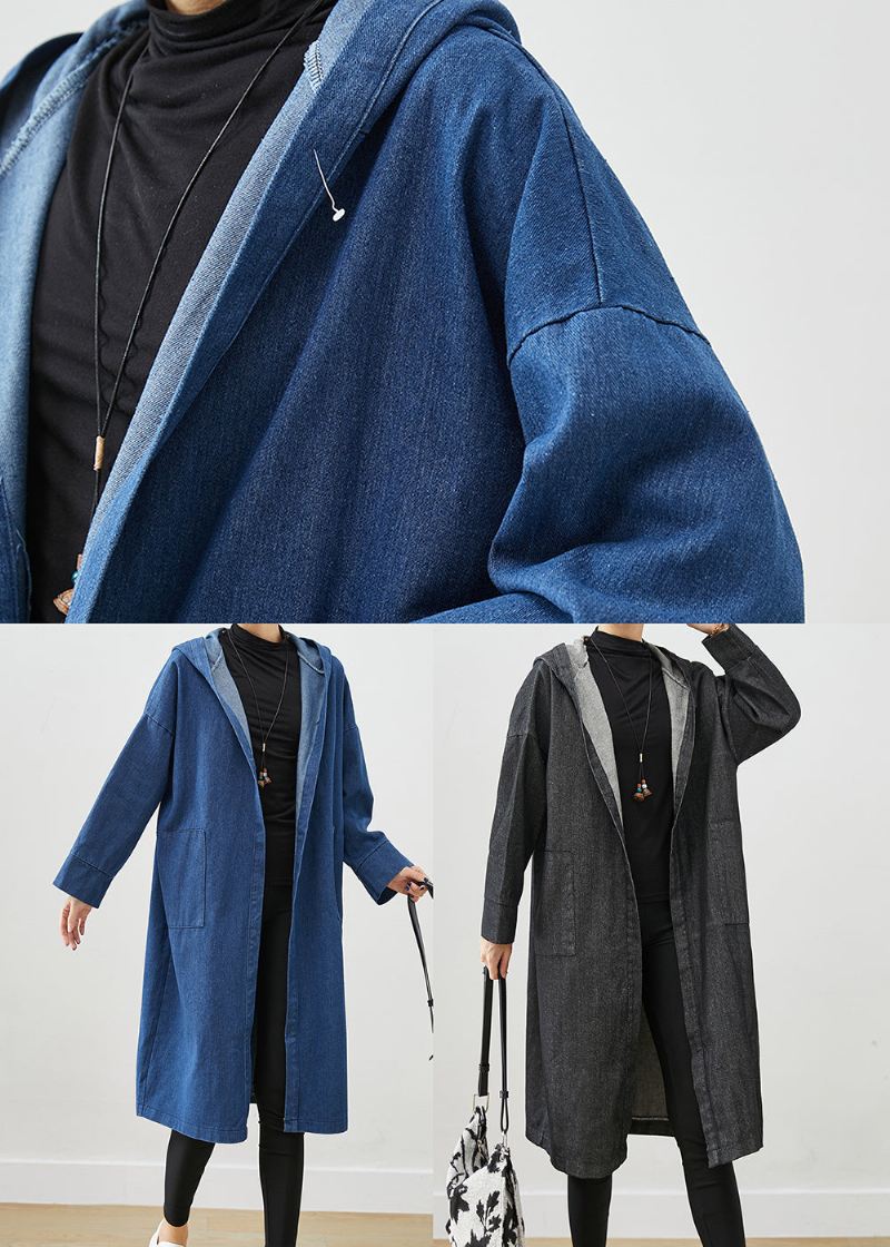 Svart Oversized Denim Trench Coats Hettelommer Fall - Trenchcoats for kvinner