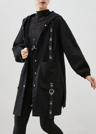 Svart Patchwork Bomull Hettegenser Trench Coat Oversized Fall