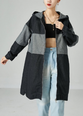 Svart Patchwork Cotton Denim Trench Coat Hette Oversized Spring