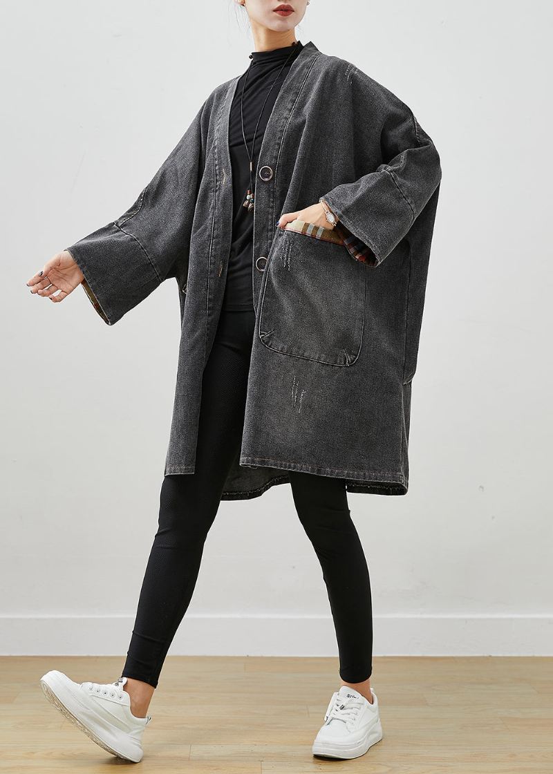 Svart Patchwork Denim Trench Coat Outwear Oversized Fall