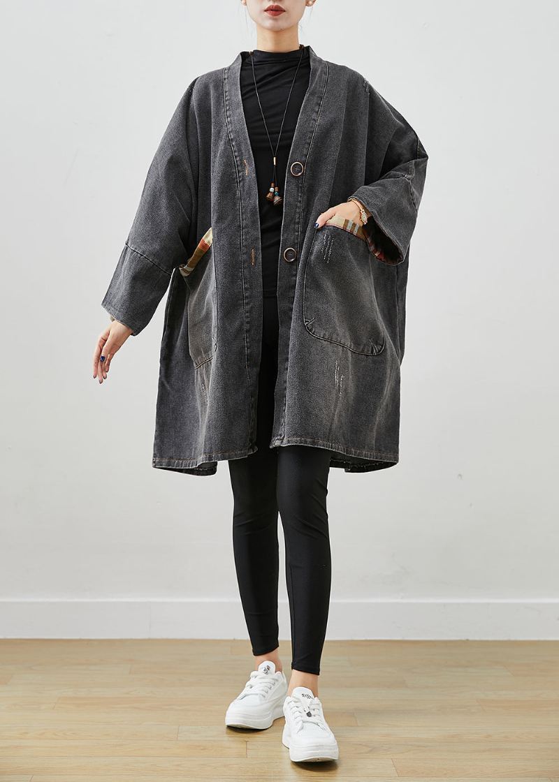 Svart Patchwork Denim Trench Coat Outwear Oversized Fall - Trenchcoats for kvinner