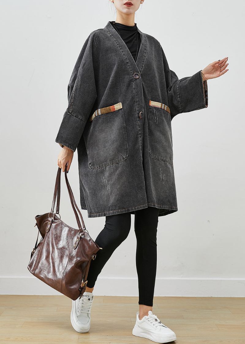 Svart Patchwork Denim Trench Coat Outwear Oversized Fall - Trenchcoats for kvinner