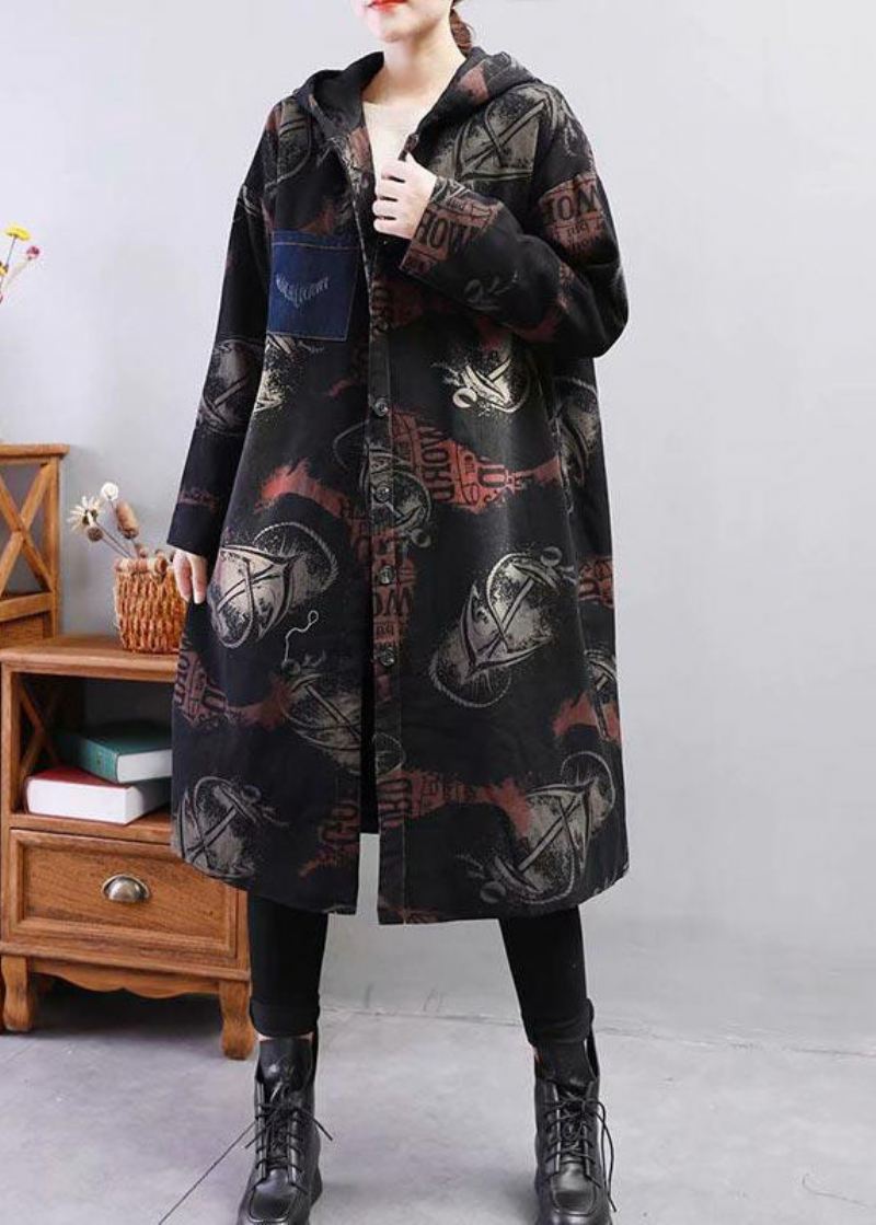 Svart Print Fine Cotton Fylt Coat Hette Tykk Winter