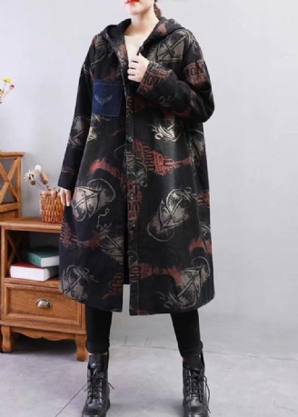 Svart Print Fine Cotton Fylt Coat Hette Tykk Winter