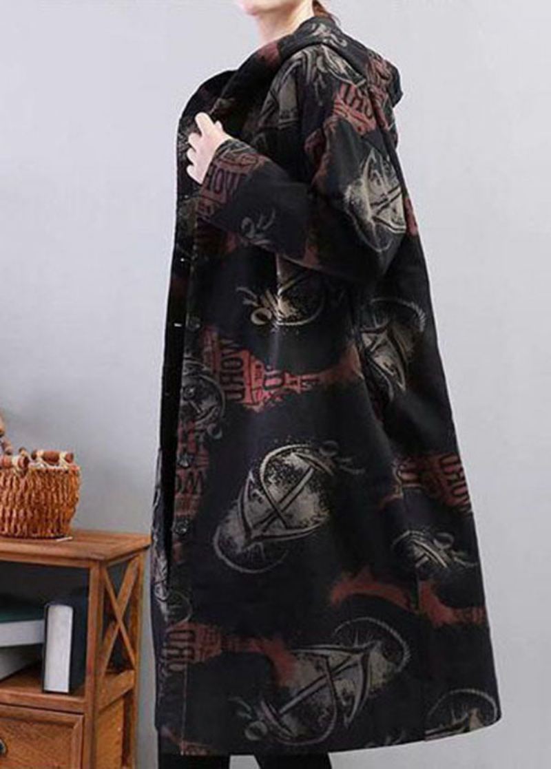 Svart Print Fine Cotton Fylt Coat Hette Tykk Winter - Trenchcoats for kvinner