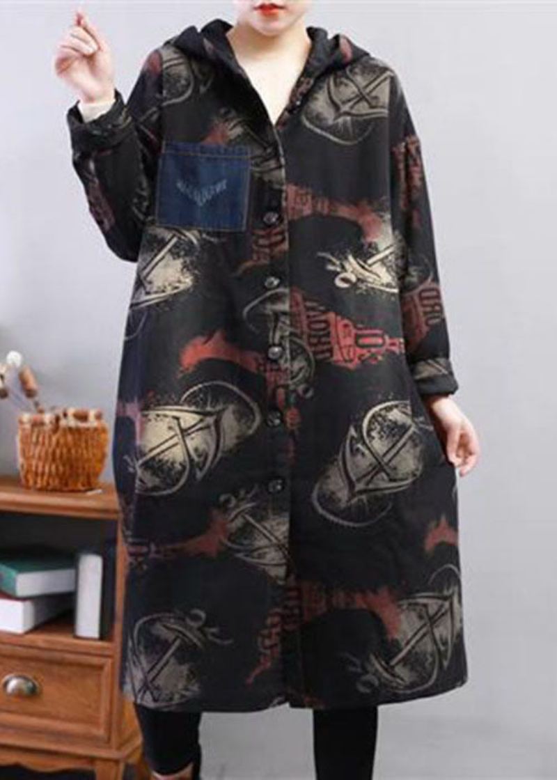 Svart Print Fine Cotton Fylt Coat Hette Tykk Winter - Trenchcoats for kvinner