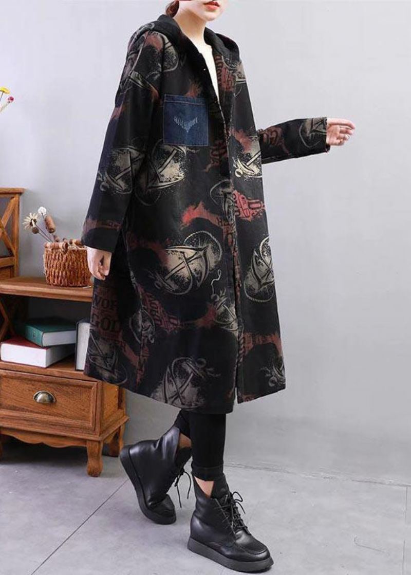 Svart Print Fine Cotton Fylt Coat Hette Tykk Winter - Trenchcoats for kvinner