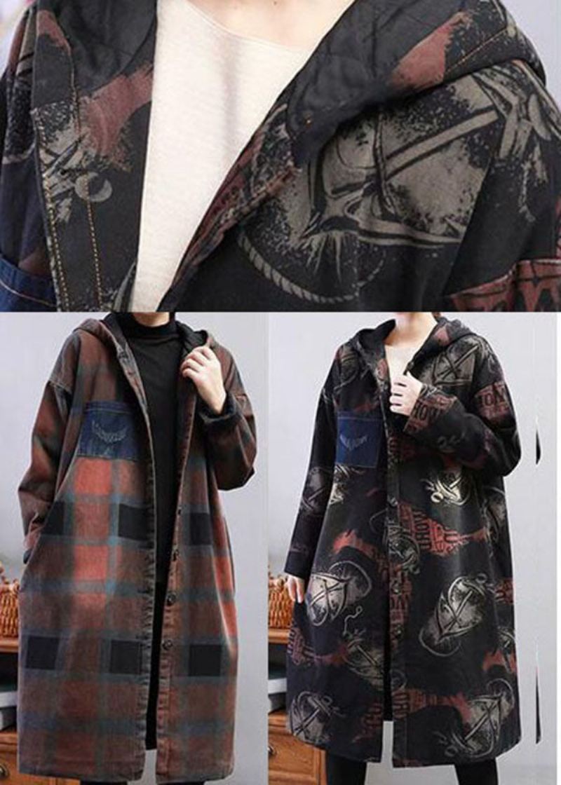 Svart Print Fine Cotton Fylt Coat Hette Tykk Winter - Trenchcoats for kvinner