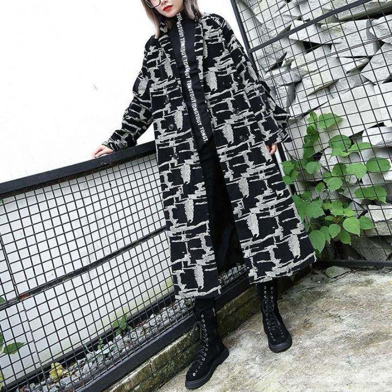 Svart Print Kåpe Plus Size Jakkeslag Patchwork Fin Asymmetrisk Designfrakk - Trenchcoats for kvinner