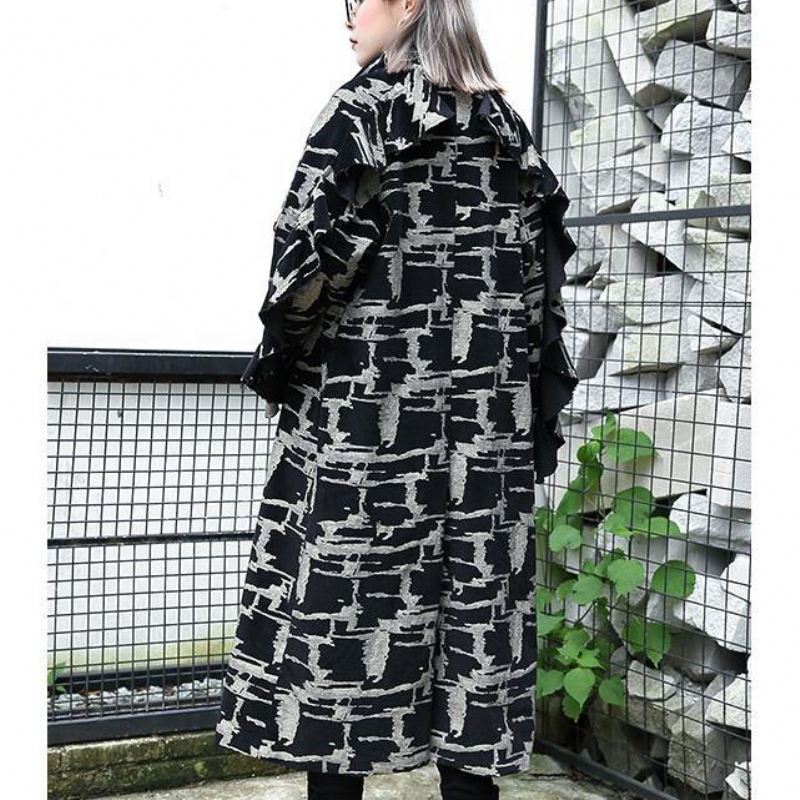 Svart Print Kåpe Plus Size Jakkeslag Patchwork Fin Asymmetrisk Designfrakk - Trenchcoats for kvinner