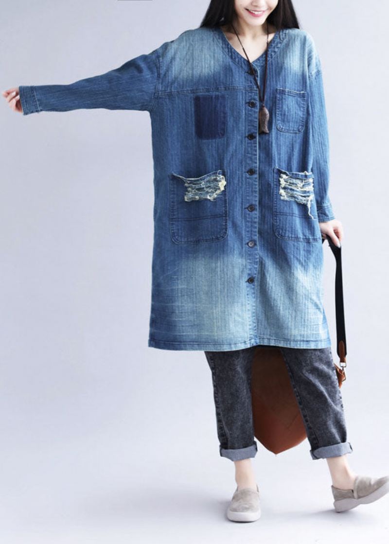 Uformell Blå V-hals Rippede Lommer Print Cotton Denim Trench Spring