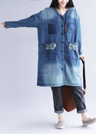 Uformell Blå V-hals Rippede Lommer Print Cotton Denim Trench Spring