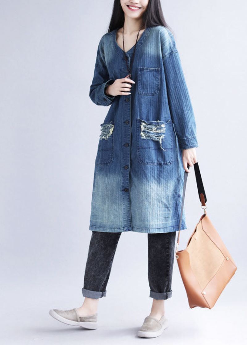 Uformell Blå V-hals Rippede Lommer Print Cotton Denim Trench Spring - Trenchcoats for kvinner