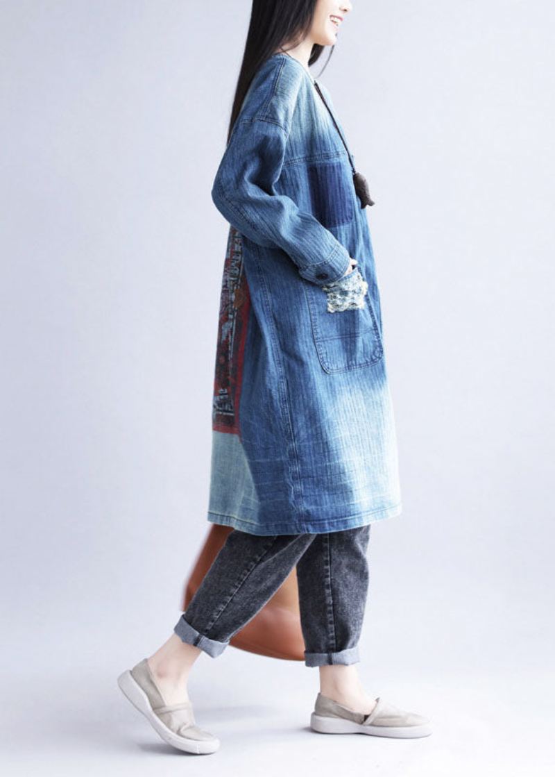 Uformell Blå V-hals Rippede Lommer Print Cotton Denim Trench Spring - Trenchcoats for kvinner