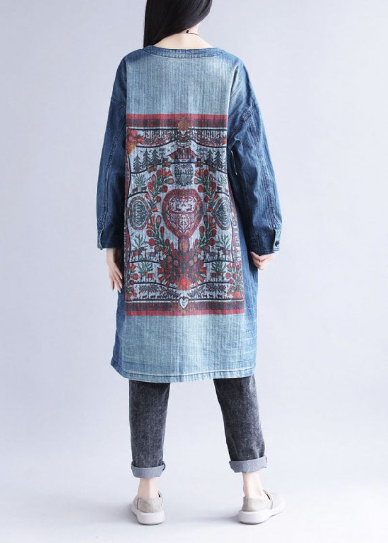 Uformell Blå V-hals Rippede Lommer Print Cotton Denim Trench Spring - Trenchcoats for kvinner