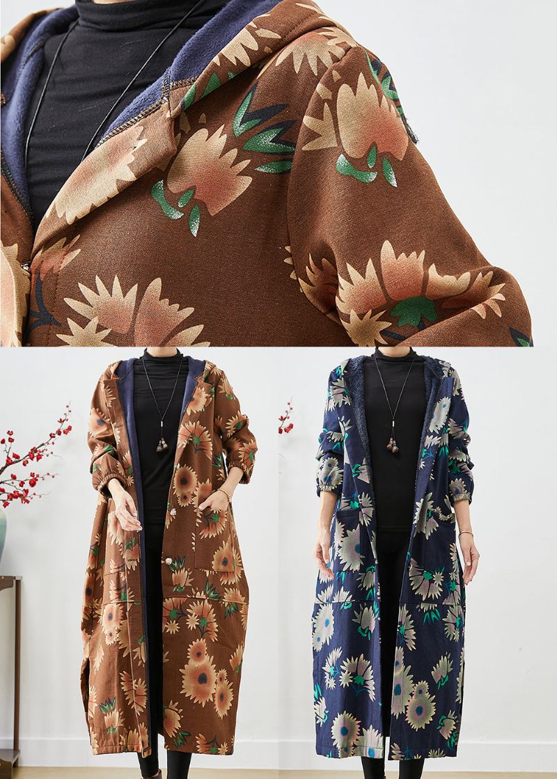 Uformell Khaki Hette Blomsterprint Varm Fleece Kåper Vinter - Trenchcoats for kvinner