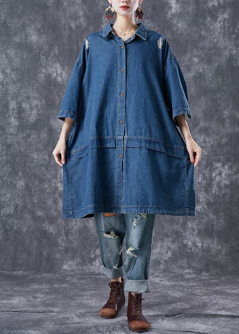 Uformell Marineblå Overdimensjonert Lappeteppe Denim Ripped Trench Coats Armbånd Sleeve