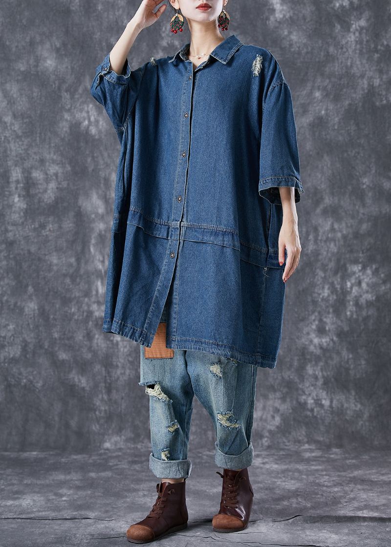 Uformell Marineblå Overdimensjonert Lappeteppe Denim Ripped Trench Coats Armbånd Sleeve - Trenchcoats for kvinner