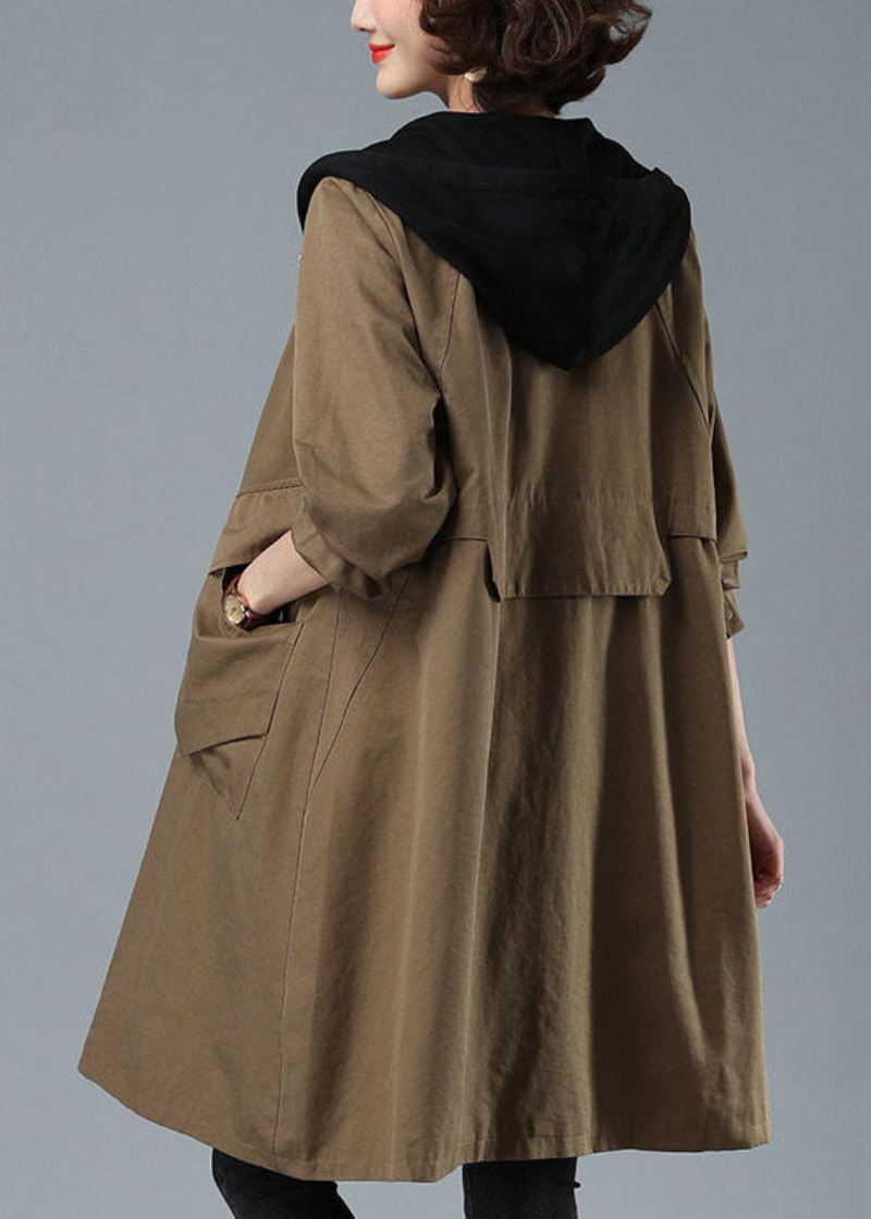 Unik Khaki Løse Patchwork Lommer Fall Hettegenser Coat