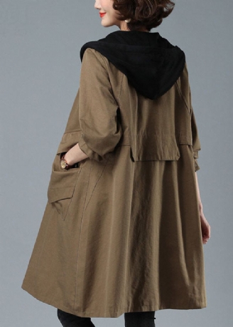 Unik Khaki Løse Patchwork Lommer Fall Hettegenser Coat