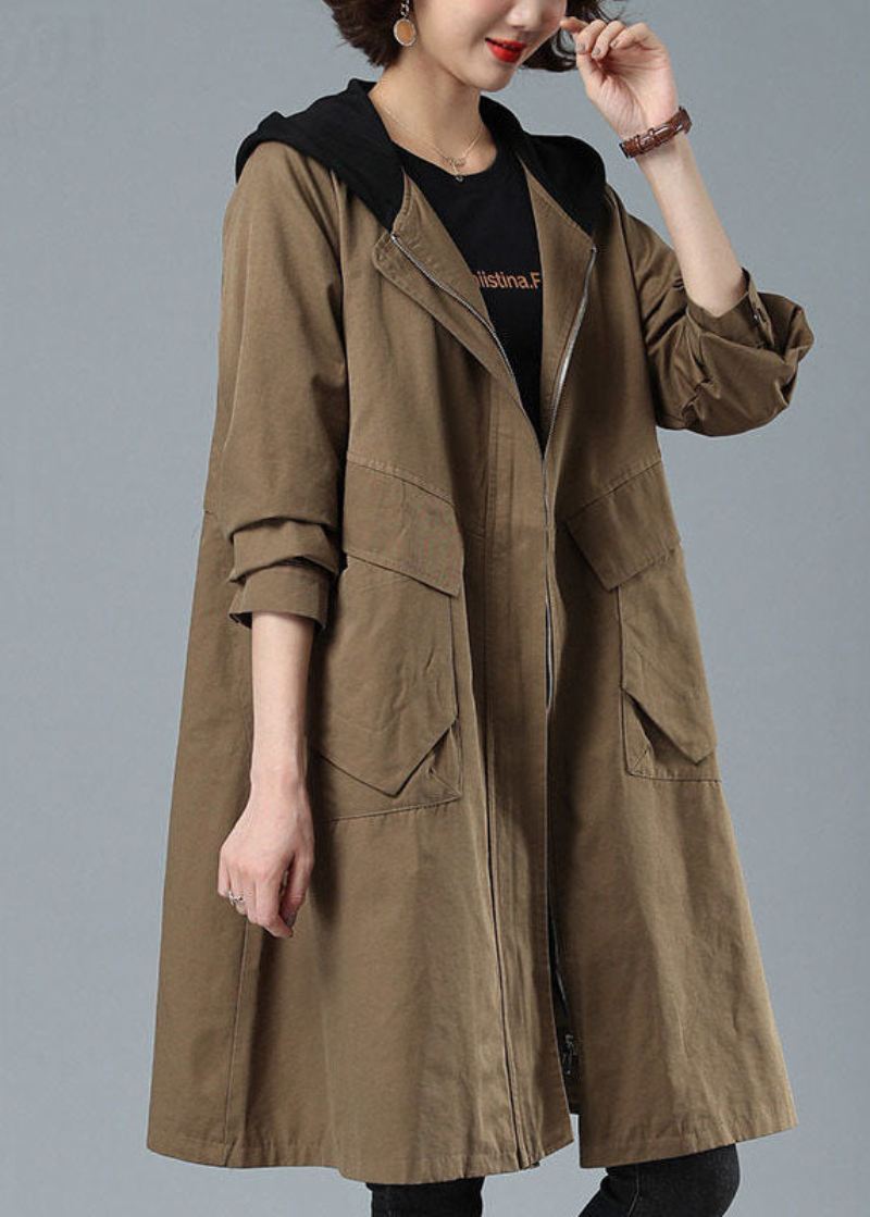 Unik Khaki Løse Patchwork Lommer Fall Hettegenser Coat - Kaki