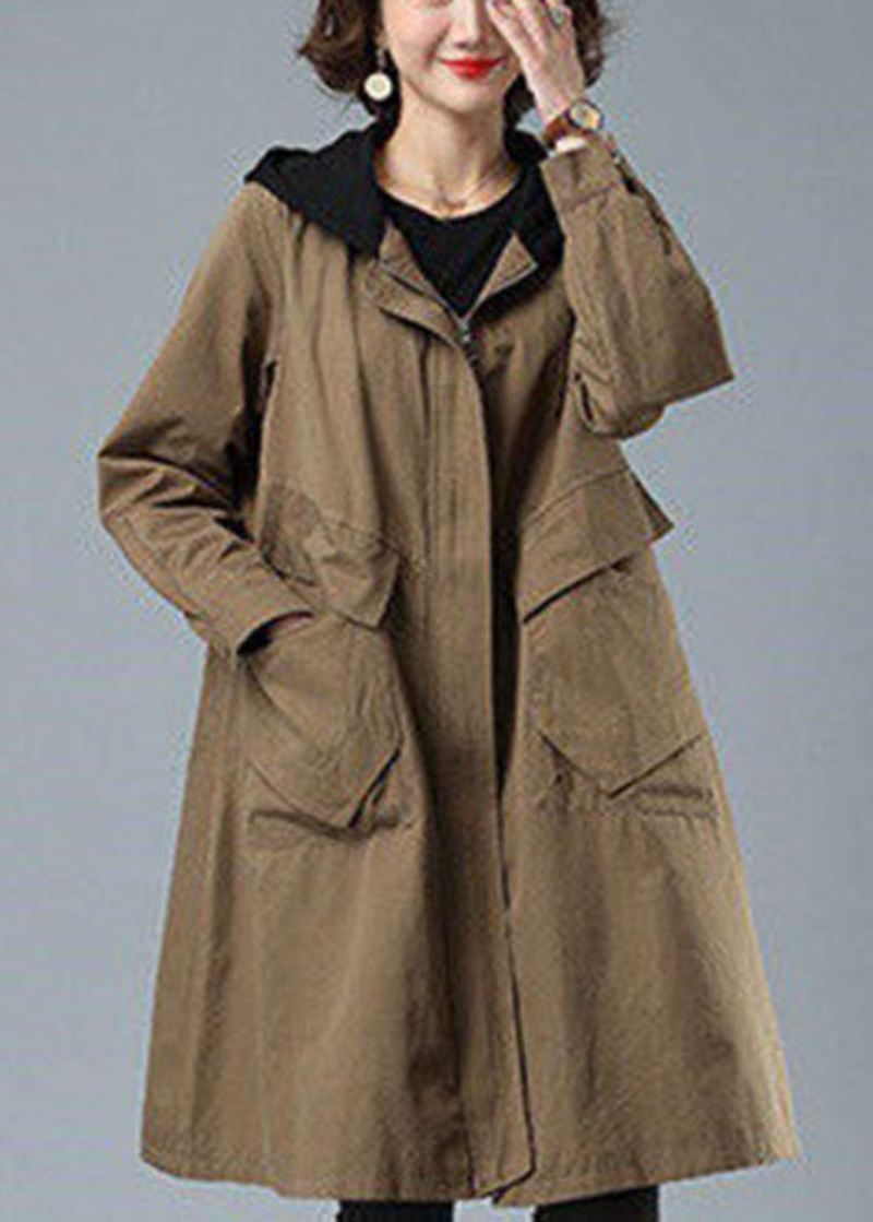 Unik Khaki Løse Patchwork Lommer Fall Hettegenser Coat - Kaki