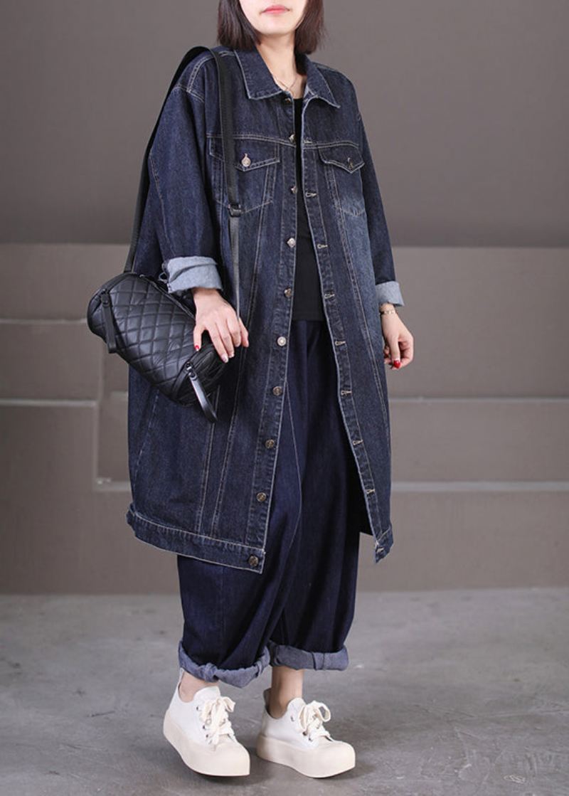 Unik Mørkeblå Peter Pan-kragelommer Patchwork-knapp Denim Lang Trenchcoat Høst - Trenchcoats for kvinner