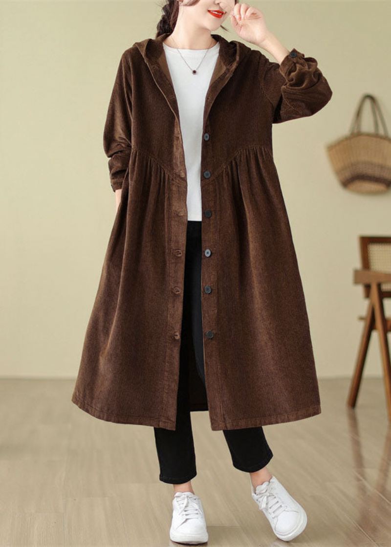 Unik Mulberry Patchwork Rynket Knapp Corduroy Hette Trench Coats Fall - Mulberry