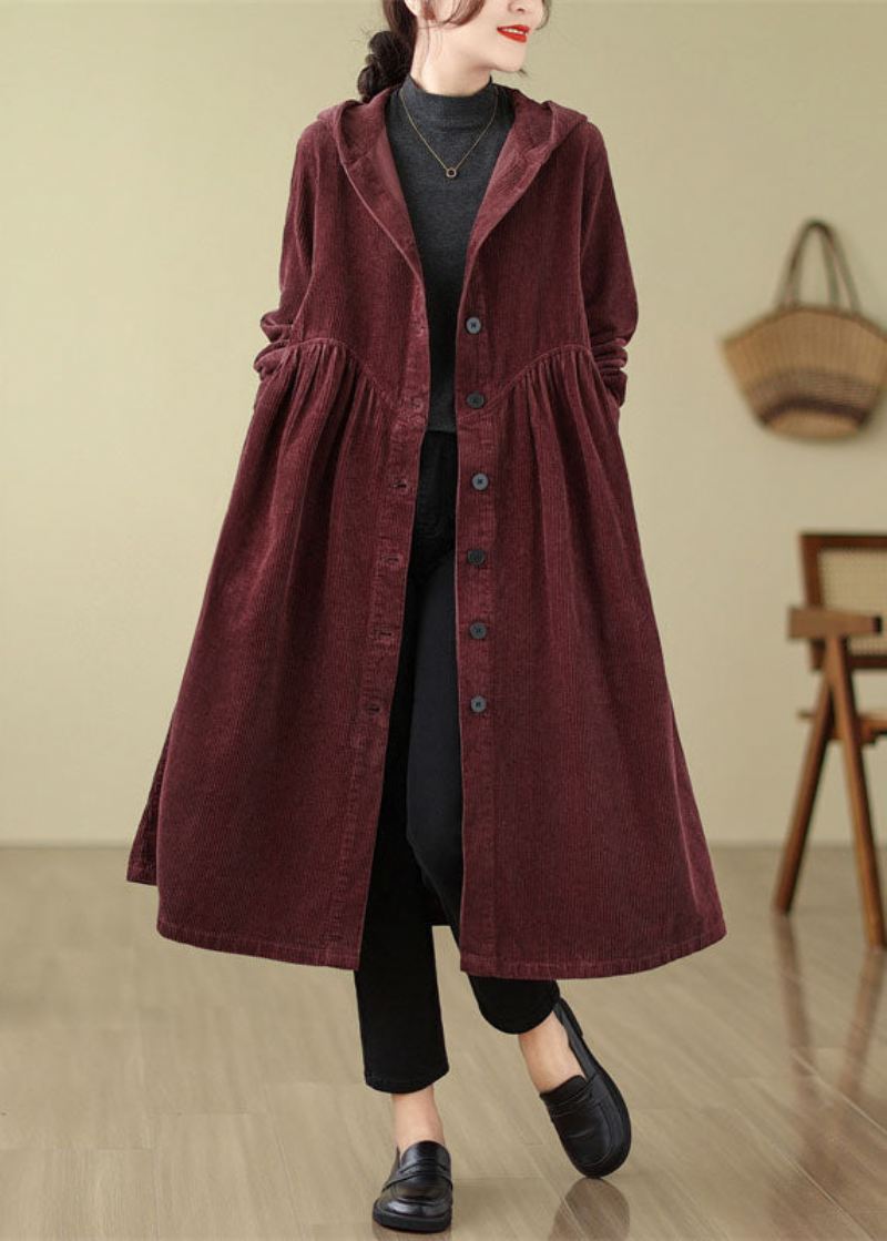 Unik Mulberry Patchwork Rynket Knapp Corduroy Hette Trench Coats Fall - Mulberry