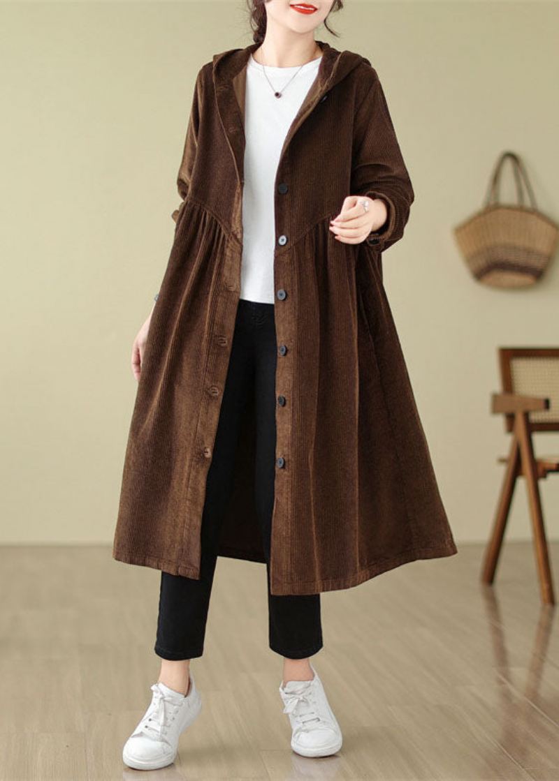 Unik Mulberry Patchwork Rynket Knapp Corduroy Hette Trench Coats Fall - Mulberry