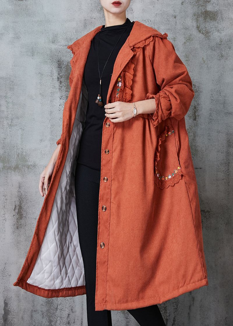 Unik Oransje Brodert Patchwork Blonder Fin Bomullsfylt Trench Spring - Trenchcoats for kvinner