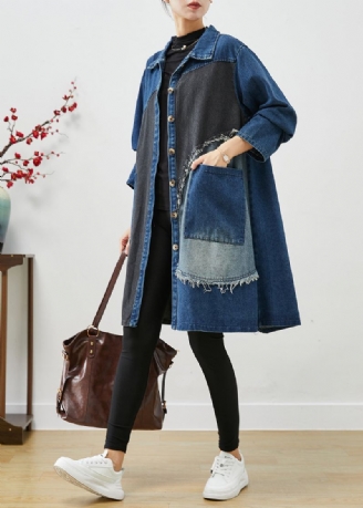 Unike Blå Asymmetrisk Lappeteppe Denim Trenchcoats Høst