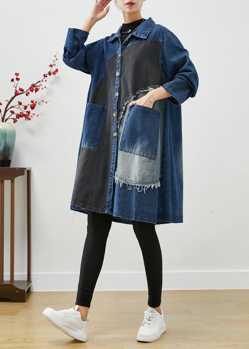 Unike Blå Asymmetrisk Lappeteppe Denim Trenchcoats Høst - Trenchcoats for kvinner