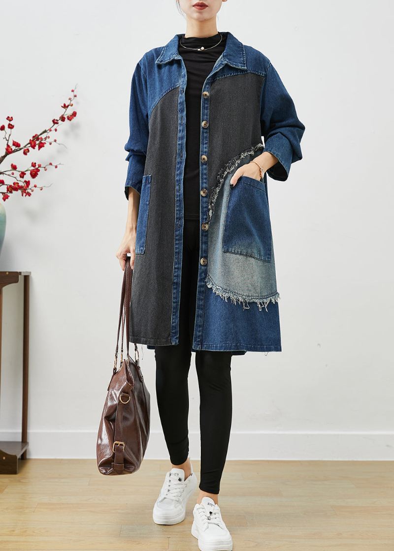 Unike Blå Asymmetrisk Lappeteppe Denim Trenchcoats Høst - Trenchcoats for kvinner