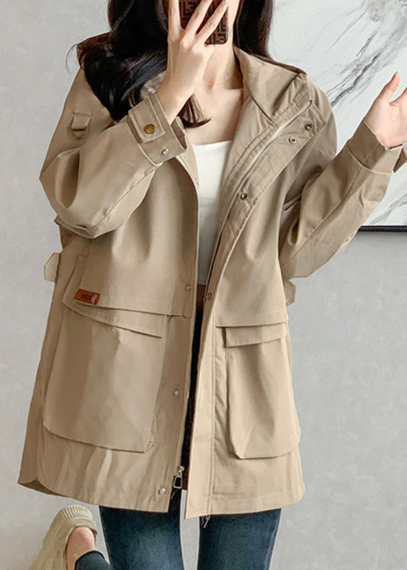 Unike Khaki Glidelås Patchwork Lommer Hette Trench Coats Langermet