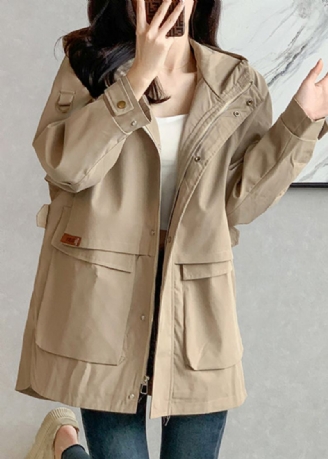 Unike Khaki Glidelås Patchwork Lommer Hette Trench Coats Langermet