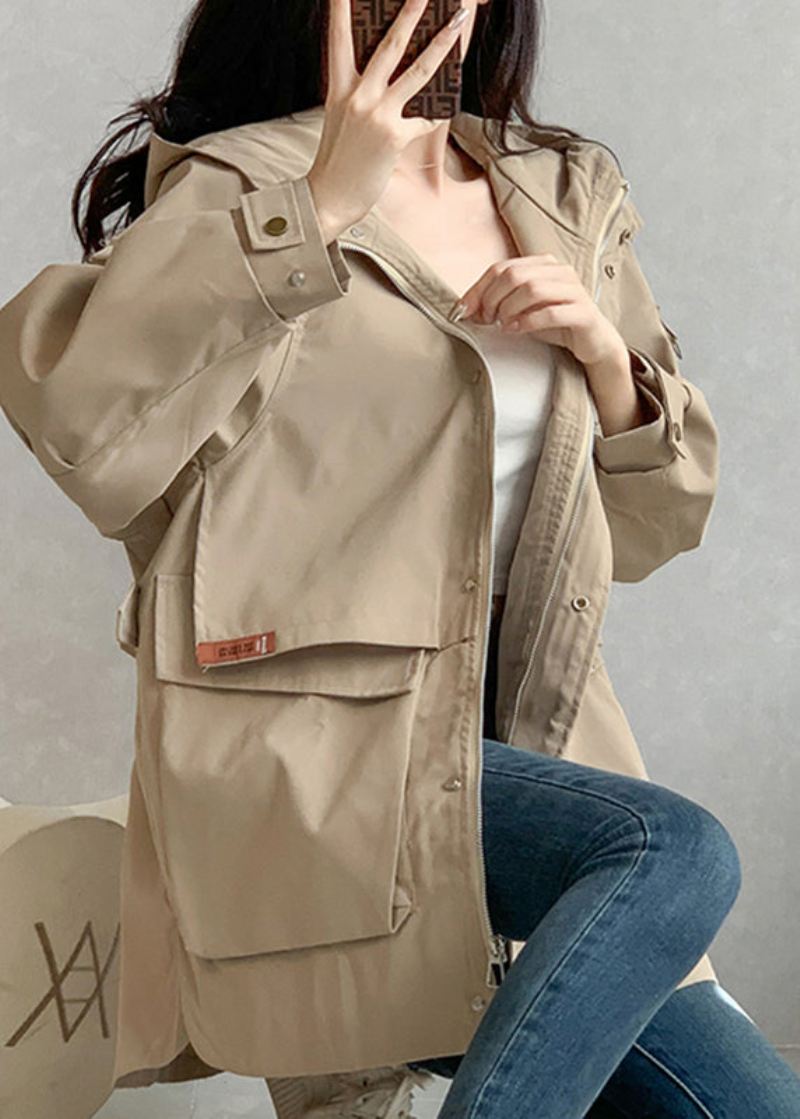 Unike Khaki Glidelås Patchwork Lommer Hette Trench Coats Langermet - Khaki