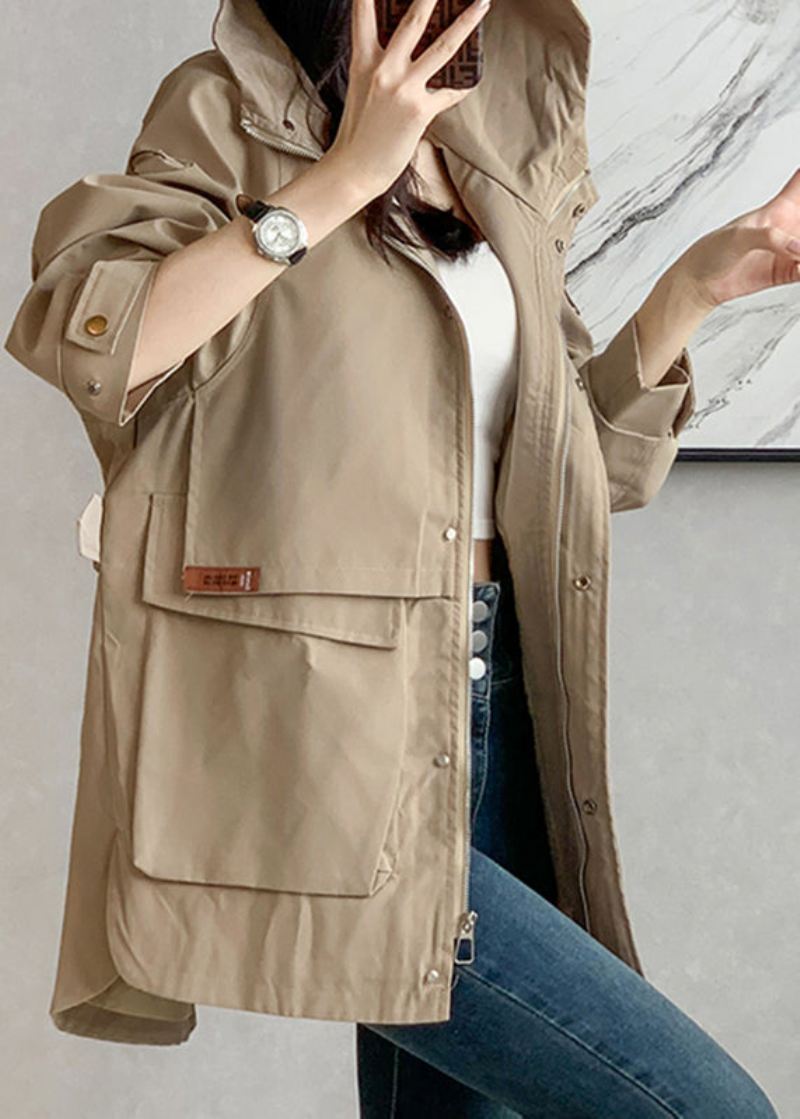 Unike Khaki Glidelås Patchwork Lommer Hette Trench Coats Langermet - Khaki