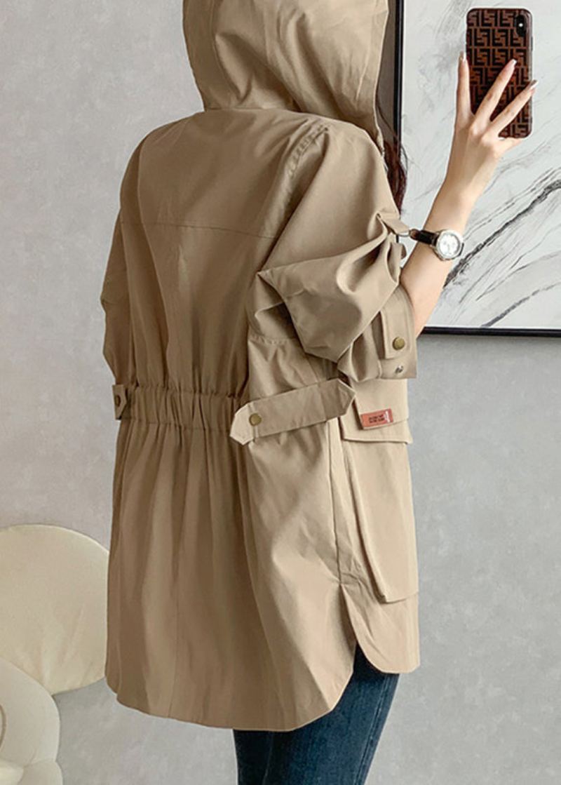 Unike Khaki Glidelås Patchwork Lommer Hette Trench Coats Langermet - Khaki