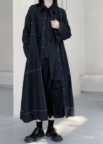 Unike Mørkeblå Peter Pan-krage Patchwork-lommer Maxi Denim Trench Coats Langermet